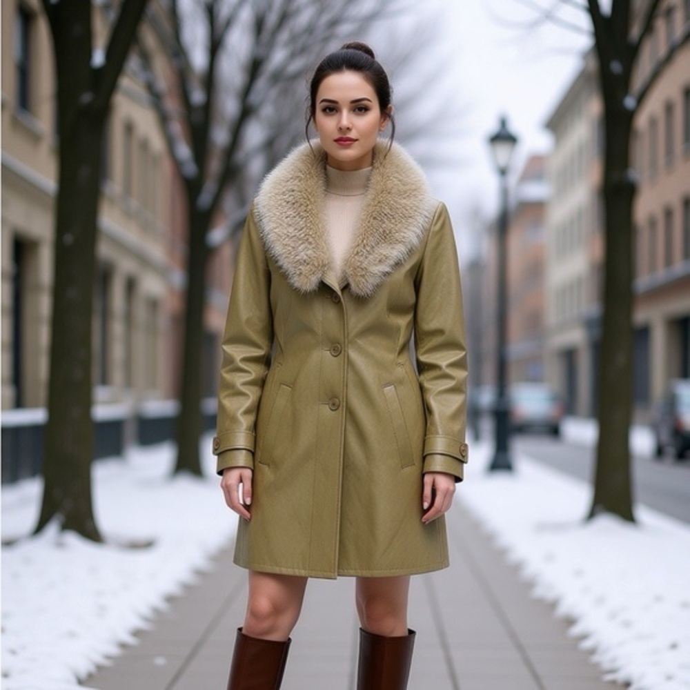 CHARLOTTE RUSSE Penny Lane Tan Faux Leather Coat Removable Faux Fur Collar Sz: M